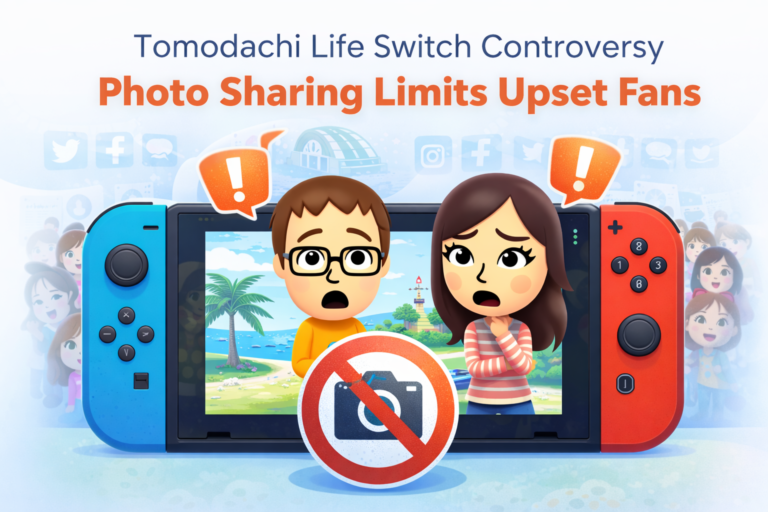 Illustration of Mii characters on a Nintendo Switch with a crossed-out camera symbol, highlighting controversy over photo sharing limits in Tomodachi Life.