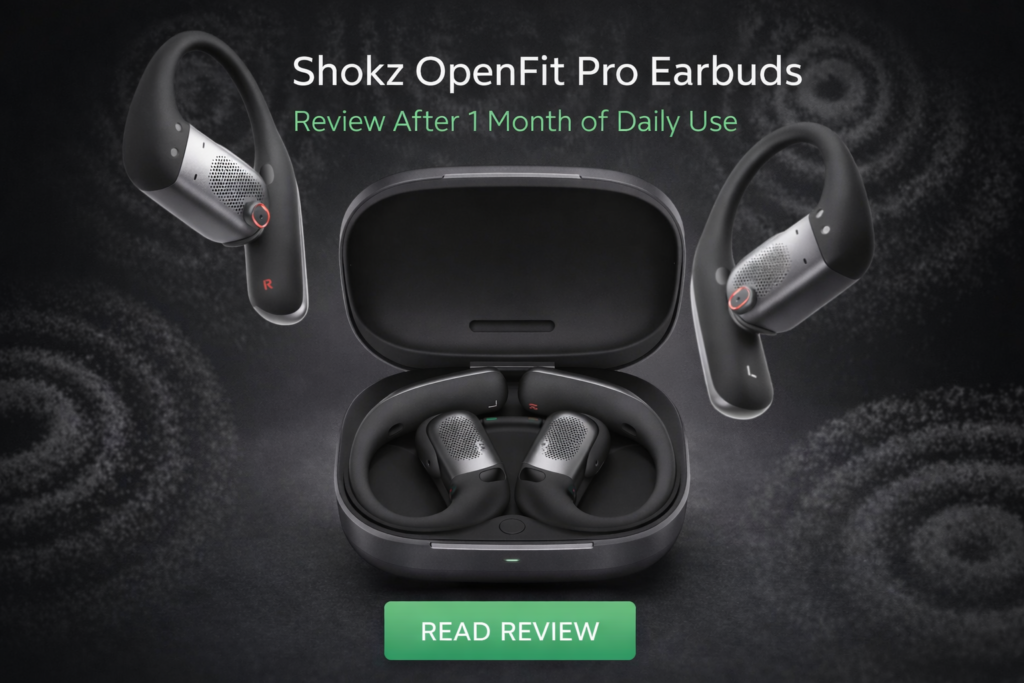 Shokz OpenFit Pro open-ear earbuds with charging case displayed for a 30-day real-world review.