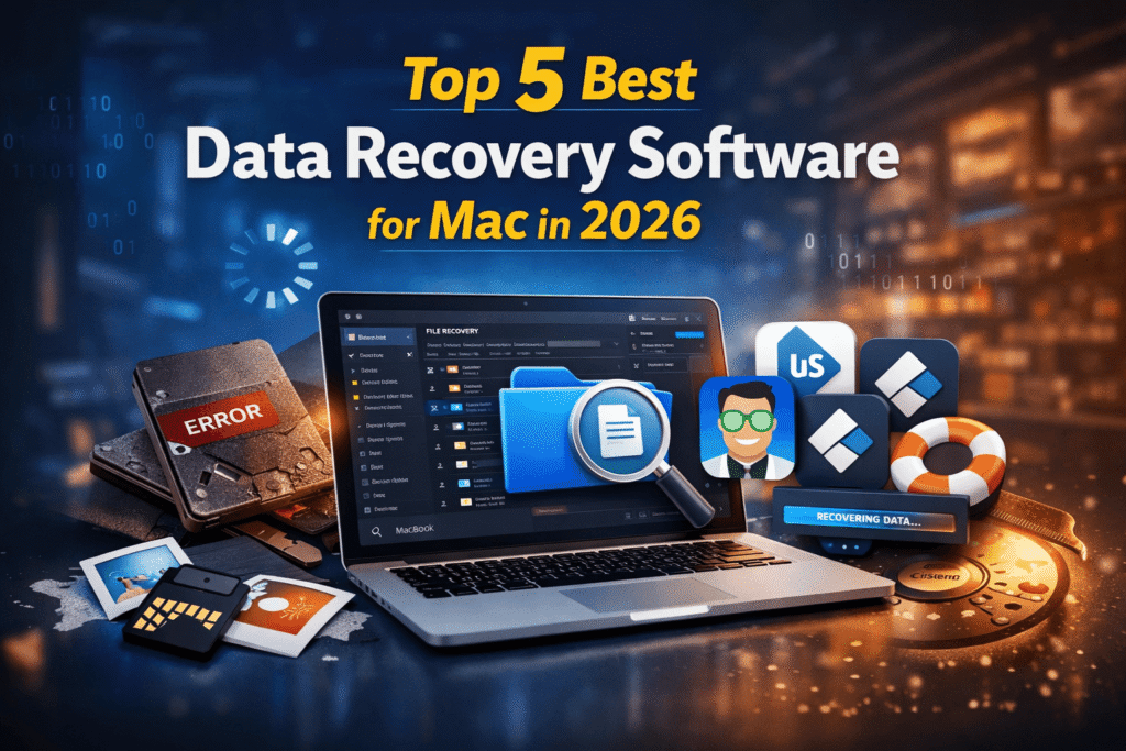 Comparison of the best data recovery software for Mac showing a MacBook performing file recovery with SSD, SD card, and recovery tools.