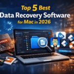 Comparison of the best data recovery software for Mac showing a MacBook performing file recovery with SSD, SD card, and recovery tools.