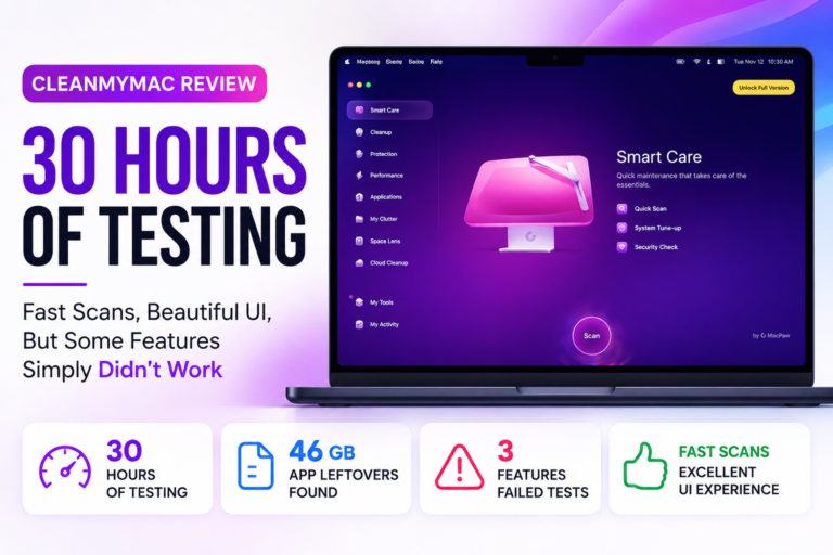 CleanMyMac review after 30 hours of testing on a MacBook Air M4 showing Smart Care dashboard, scan results, and feature performance analysis.