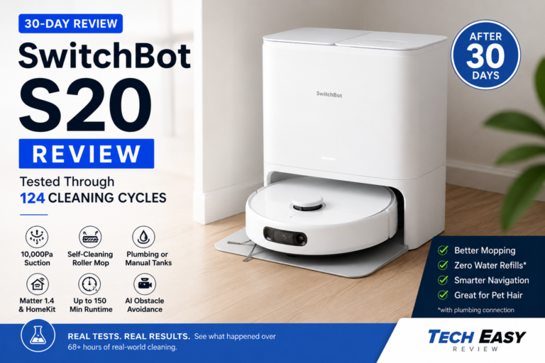 SwitchBot S20 robot vacuum review after 30 days of testing with 124 cleaning cycles, featuring the self-cleaning roller mop, HomeKit support, and plumbing system.